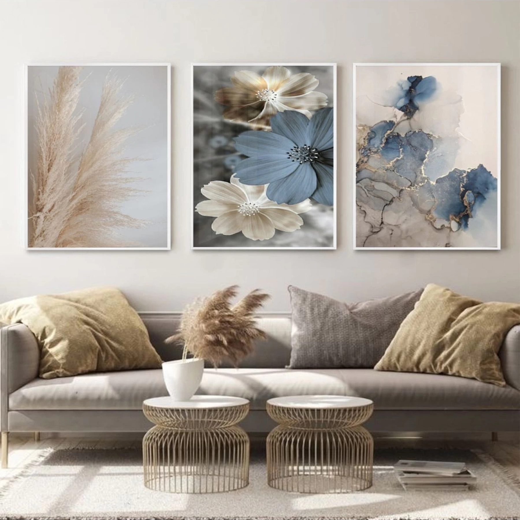 Doğal Melodiler: Mermerin Estetiği Ve Pastel Çiçekler Metal Çerçeveli Tablo Seti
