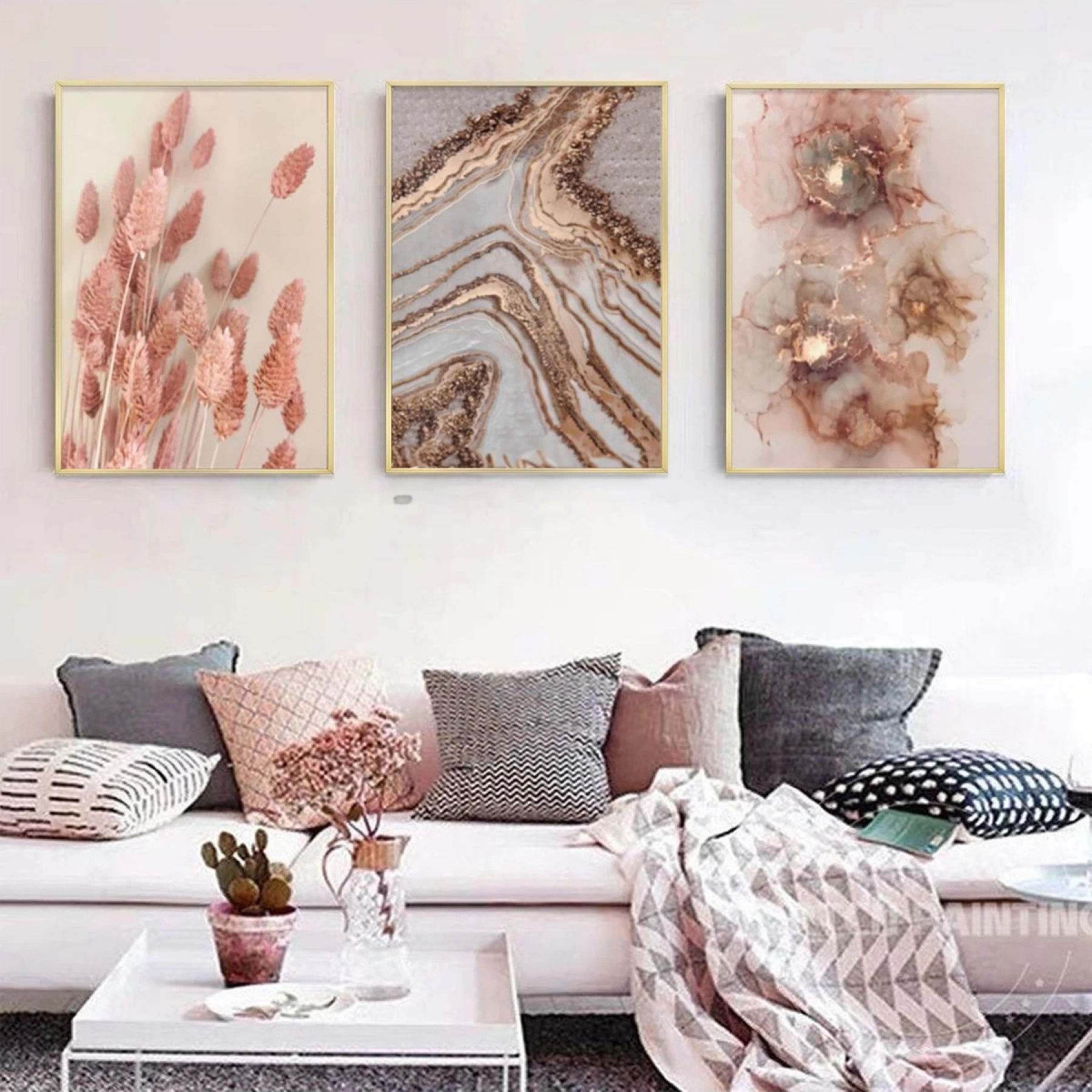 Sakin Renklerin Dansı: Pastel Dokunuşlar Ve Mermer Desenler Metal Çerçeveli Tablo Seti