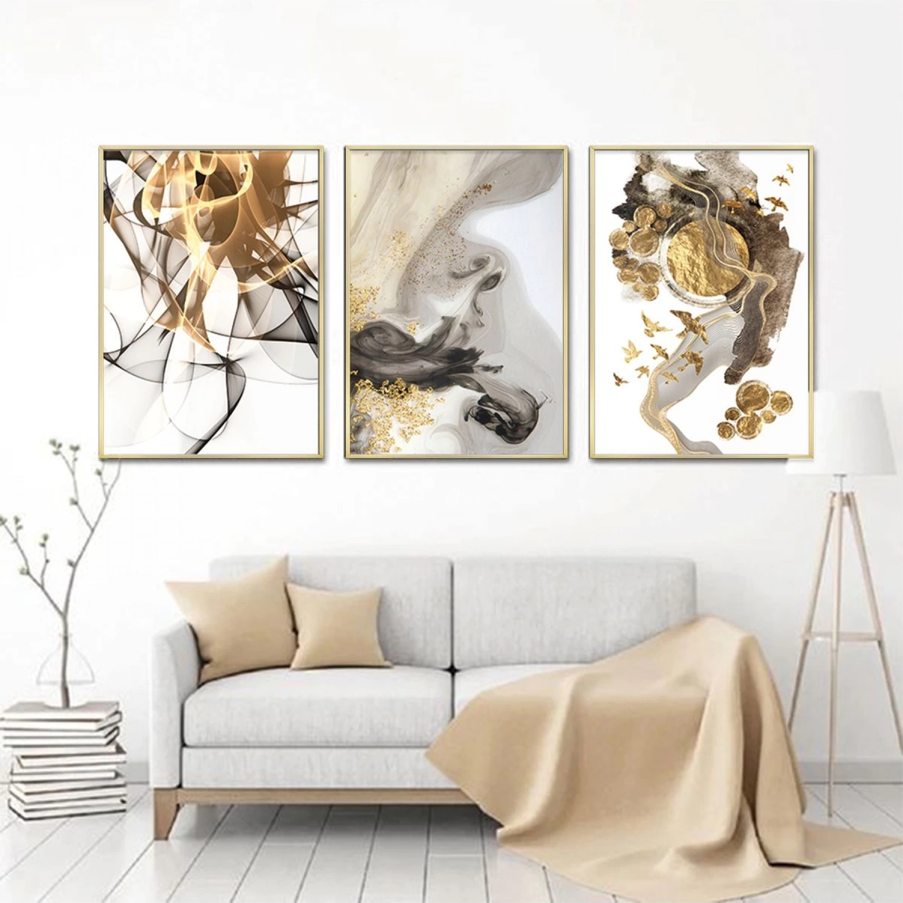 Sanatsal Karşıtlıklar: Altın Yansımalar Ve Siyahın Gücü Metal Çerçeveli Tablo Takımı