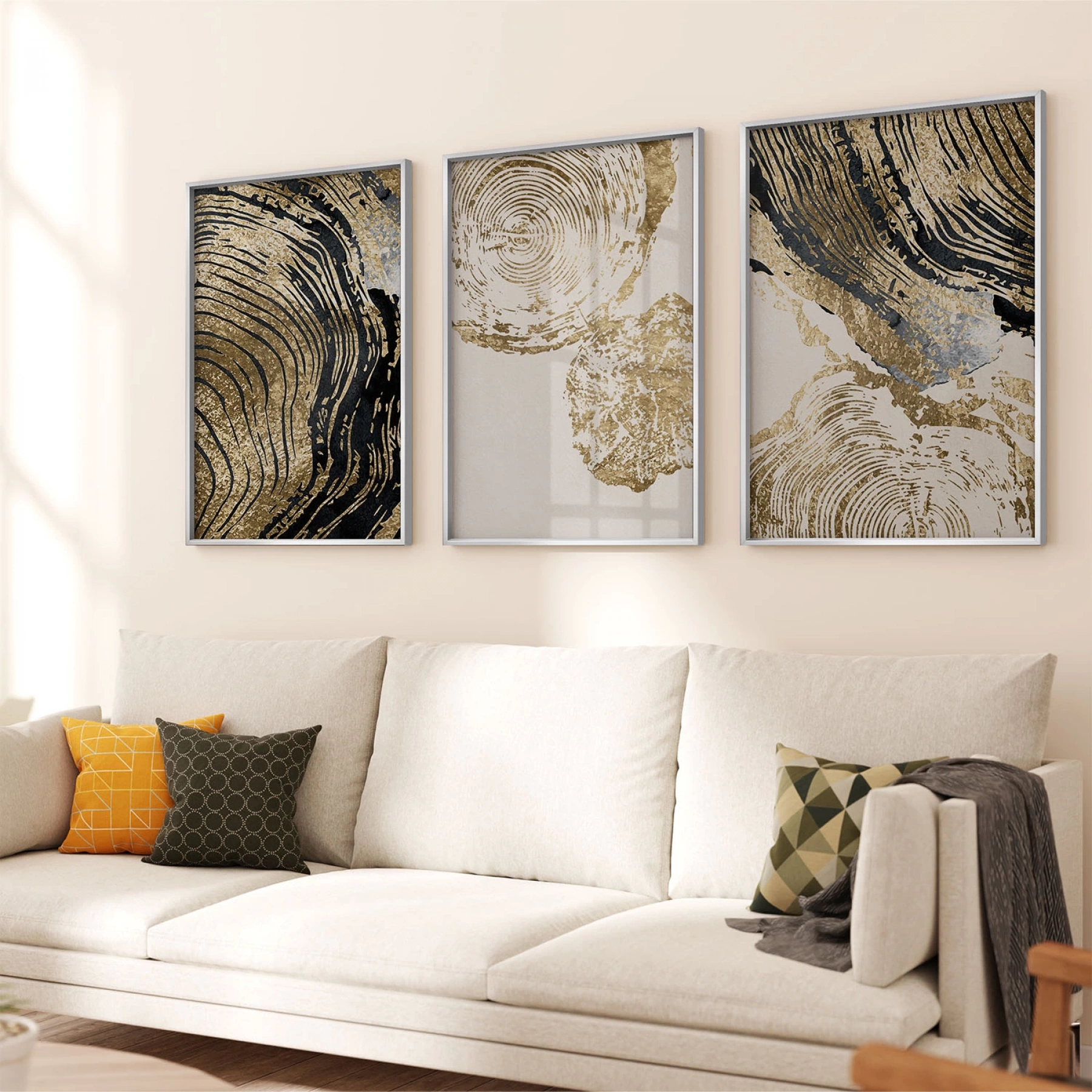 Altın Ağaçlar Desenli Üçlü Metal Çerçeveli Tablo Seti