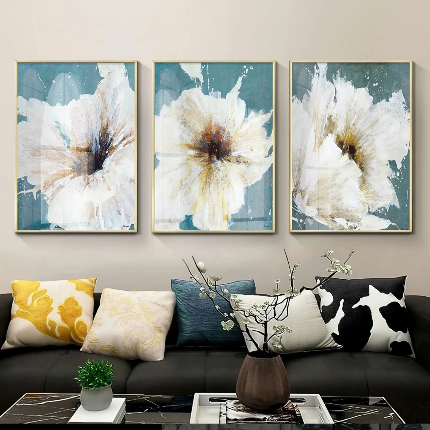 Çiçek Desenli Su Yeşili Renkli Gold Metal Çerçeveli Cam Tablo