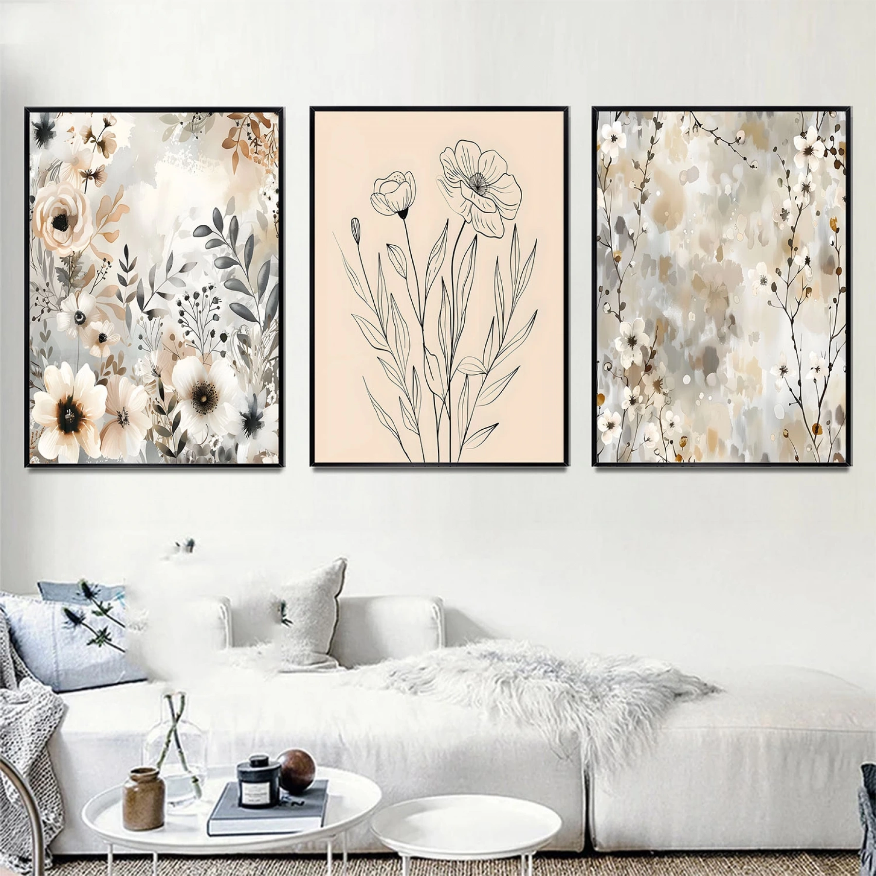 Çiçek Detaylı Üçlü Metal Çerçeveli Tablo Seti