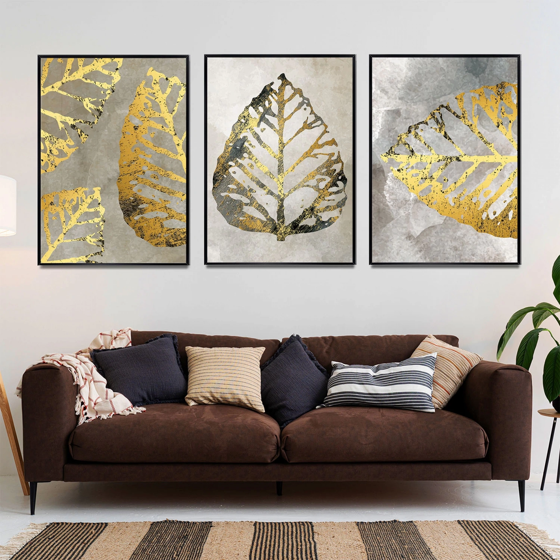 Gold Yaprak Desenli Üçlü Metal Çerçeveli Tablo Seti