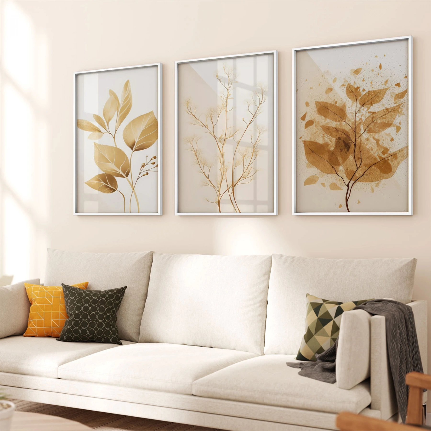 Kahverengi Dallar Temalı Üçlü Metal Çerçeveli Tablo Seti