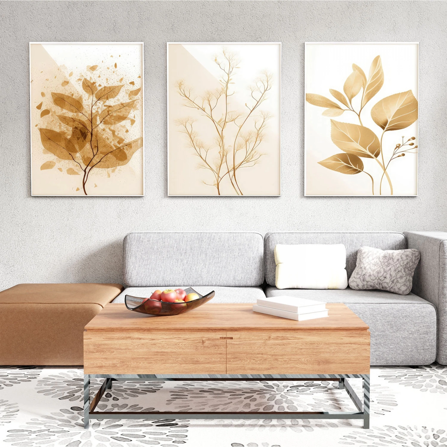 Kahverengi Dallar Temalı Üçlü Metal Çerçeveli Tablo Seti