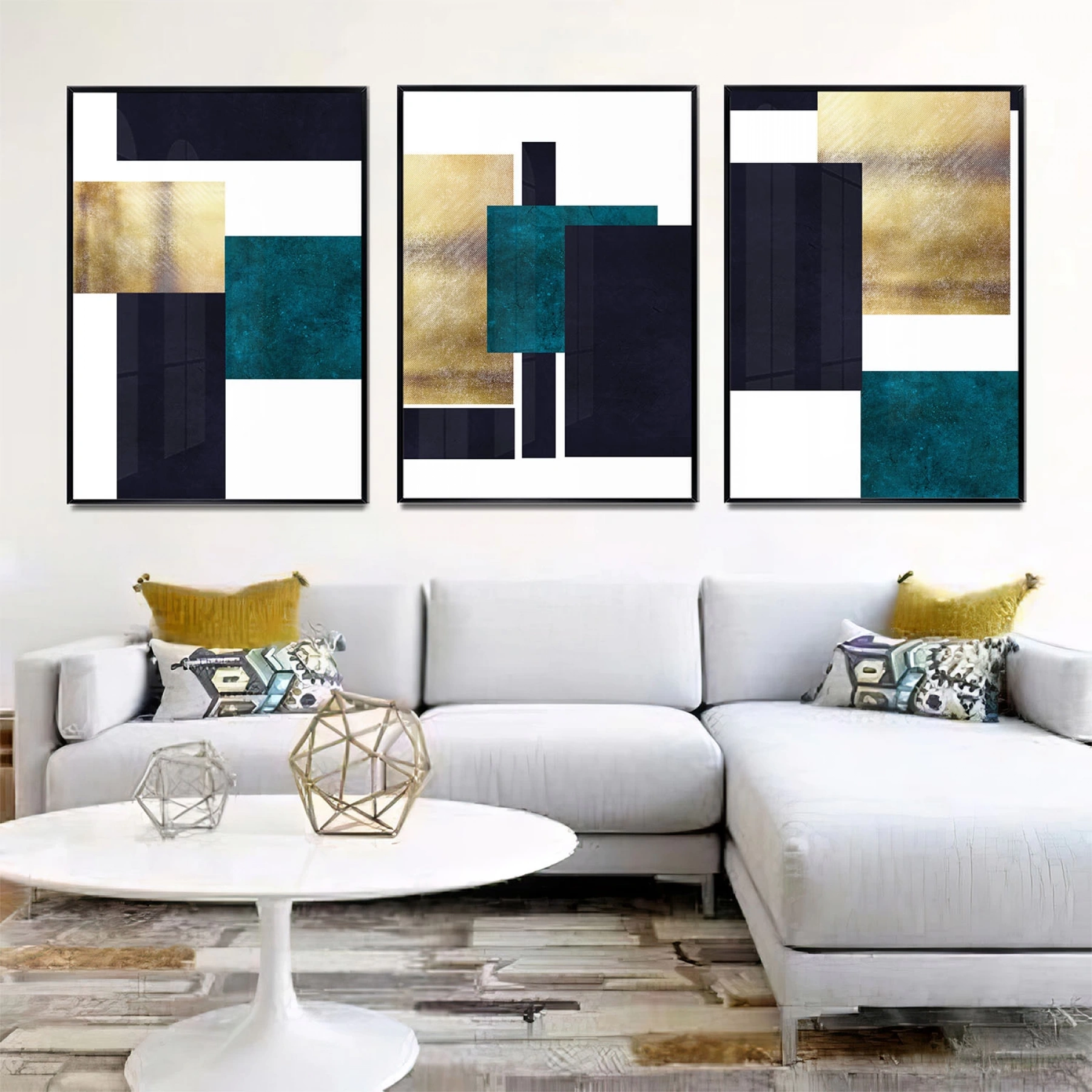 Petrol Mavisi Detaylı Üçlü Metal Çerçeveli Tablo Seti