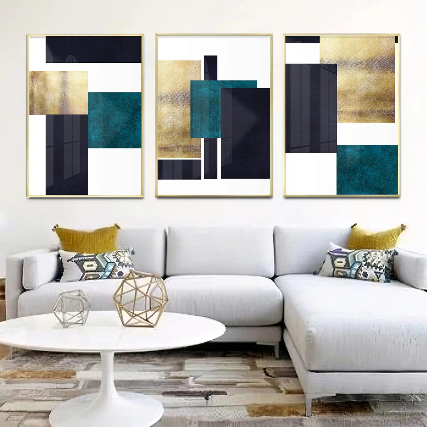 Petrol Mavisi Detaylı Üçlü Metal Çerçeveli Tablo Seti