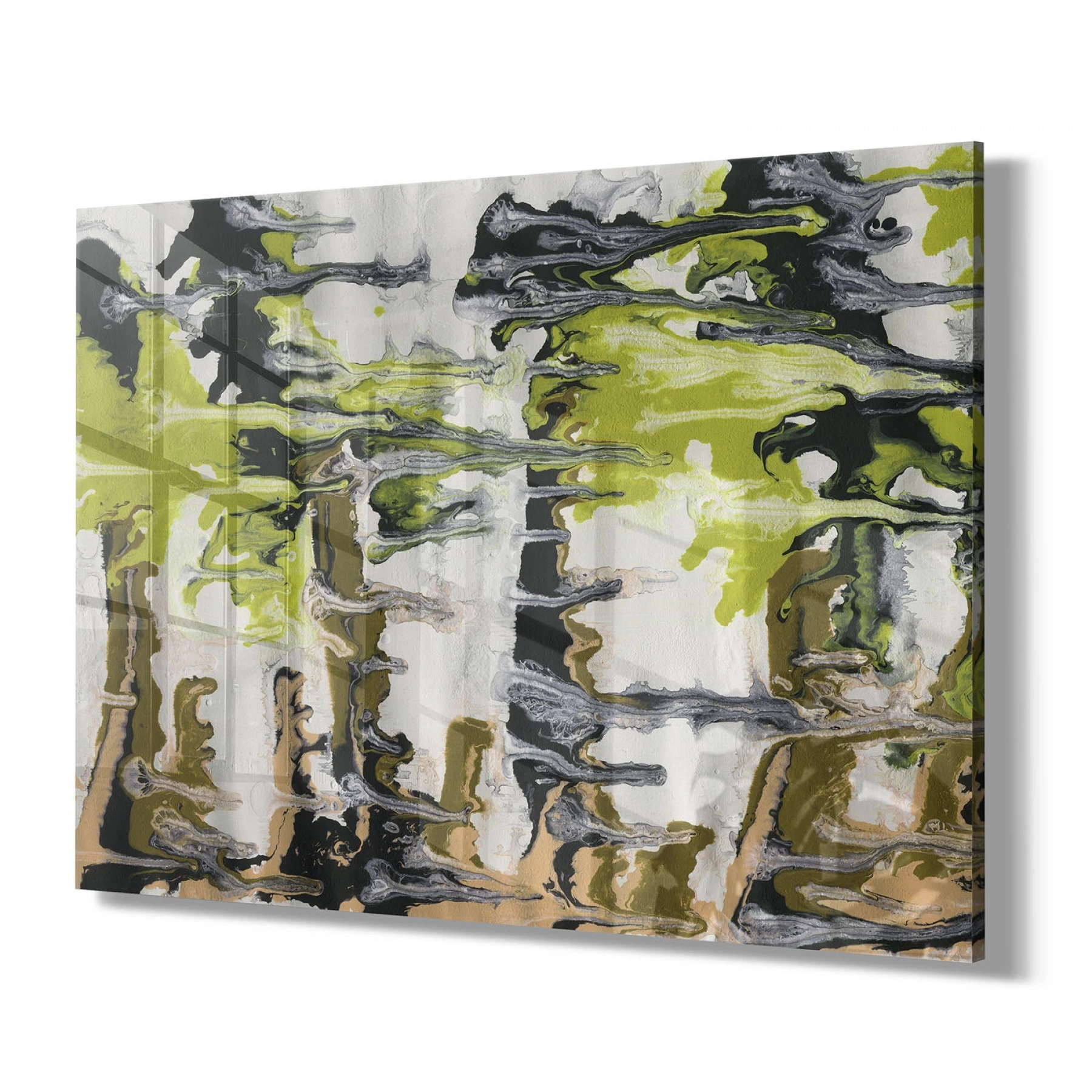 Yeşil Kahverengi Desenli Tekli Yatay Cam Tablo