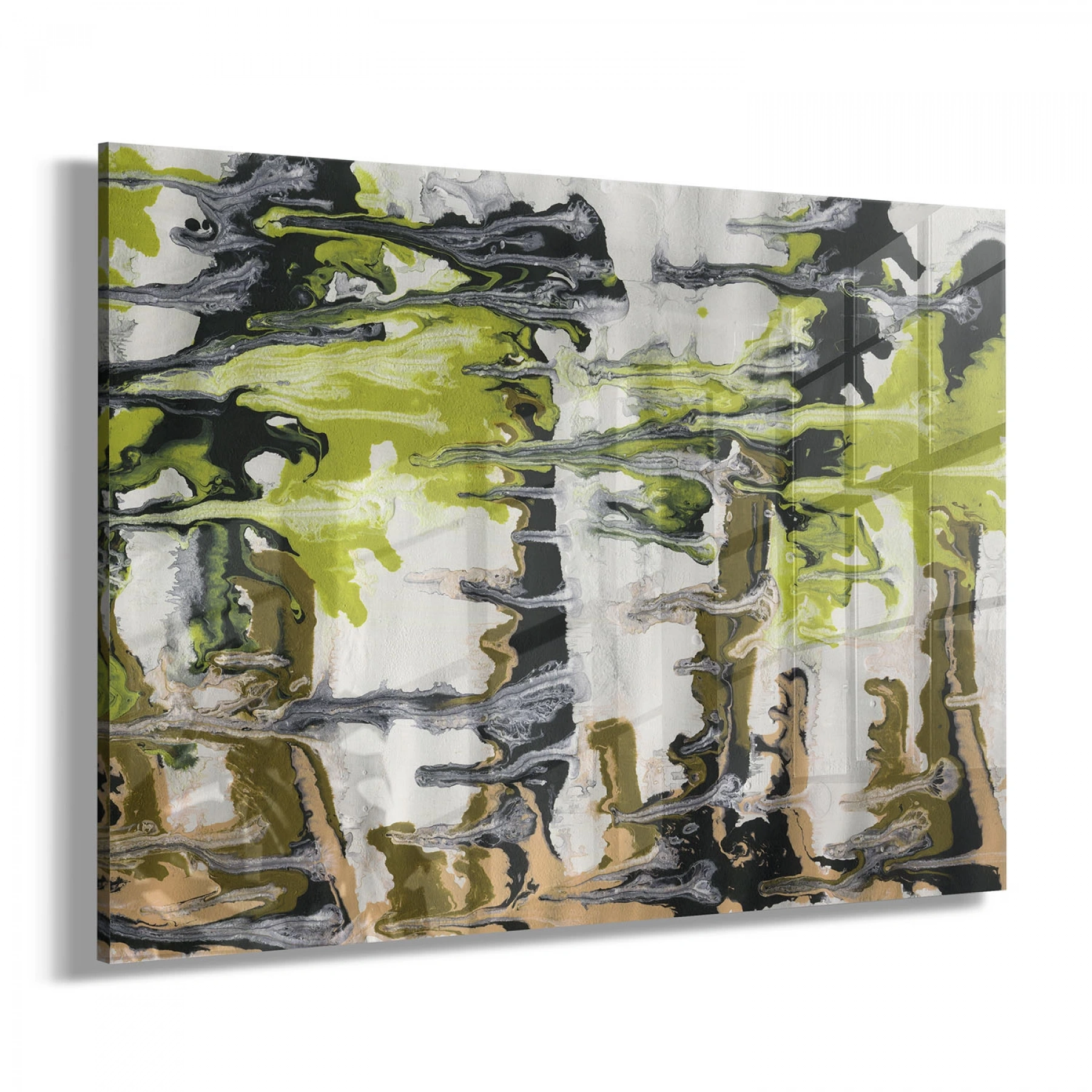 Yeşil Kahverengi Desenli Tekli Yatay Cam Tablo