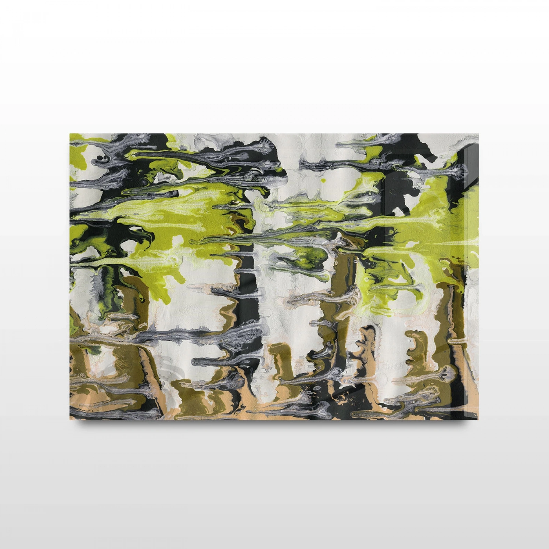 Yeşil Kahverengi Desenli Tekli Yatay Cam Tablo