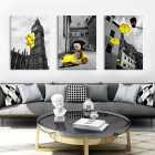 Vintage Sarı Siyah Modern Londra Şehir Manzarası Dekoratif 3lü Kanvas Tablo Seti