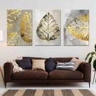 Gold Yaprak Desenli Üçlü Kanvas Tablo Seti