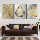 Gold Yaprak Desenli Üçlü Metal Çerçeveli Tablo Seti