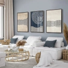 Mavi ve Krem Temalı Siyah Metal Çerçeveli Cam Tablo Seti