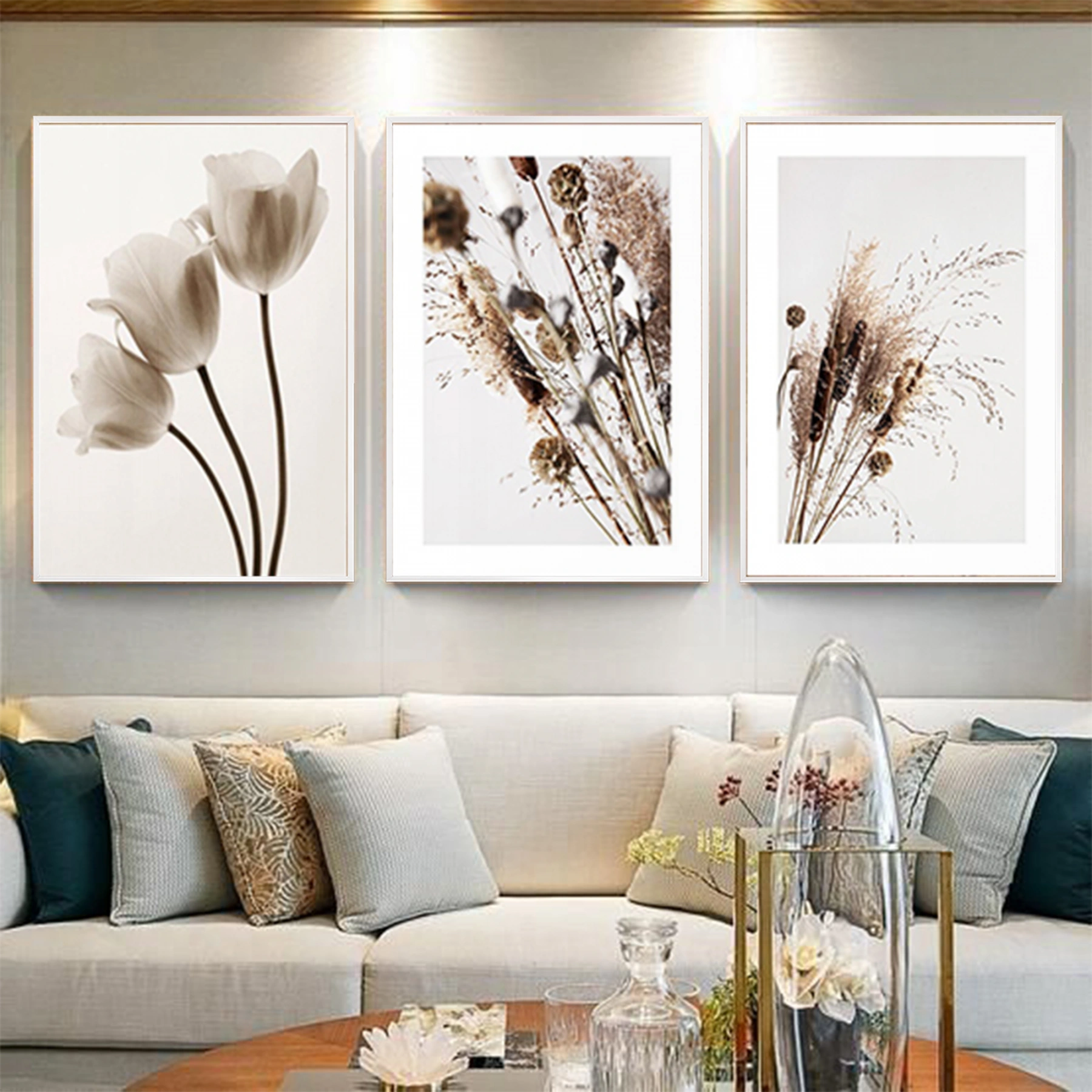 Çiçek Detaylı Metal Çerçeveli Tablo Seti Beyaz