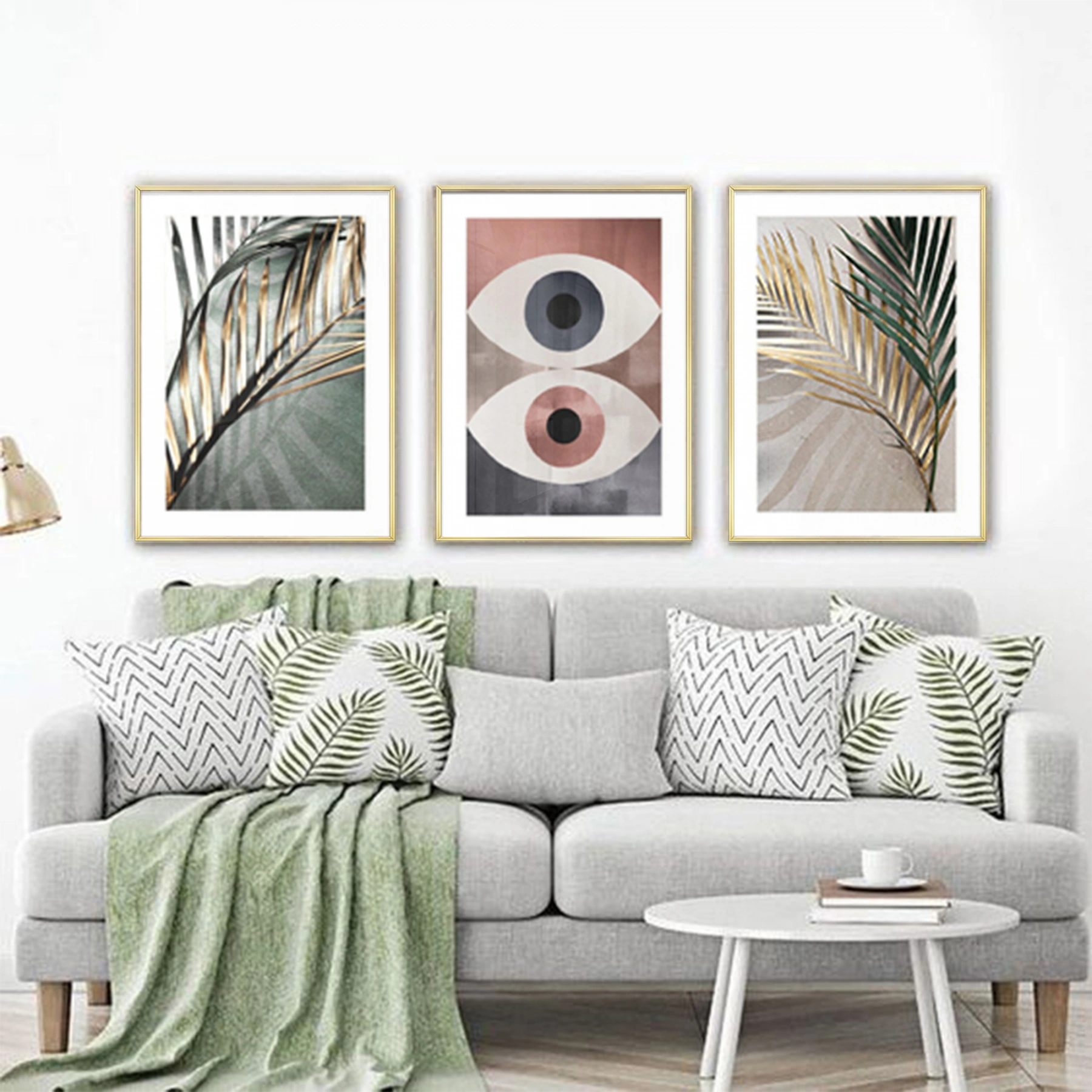 Yapraklar Beyaz Kenarlı Metal Çerçeveli Tablo Seti Altın