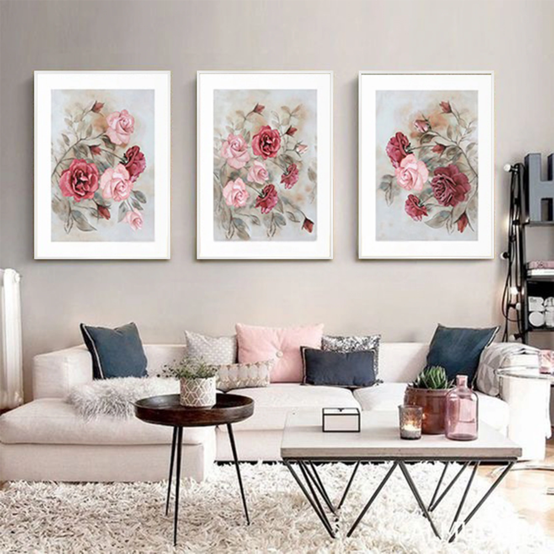 Çiçek Desenli Metal Çerçeveli Tablo Seti Beyaz