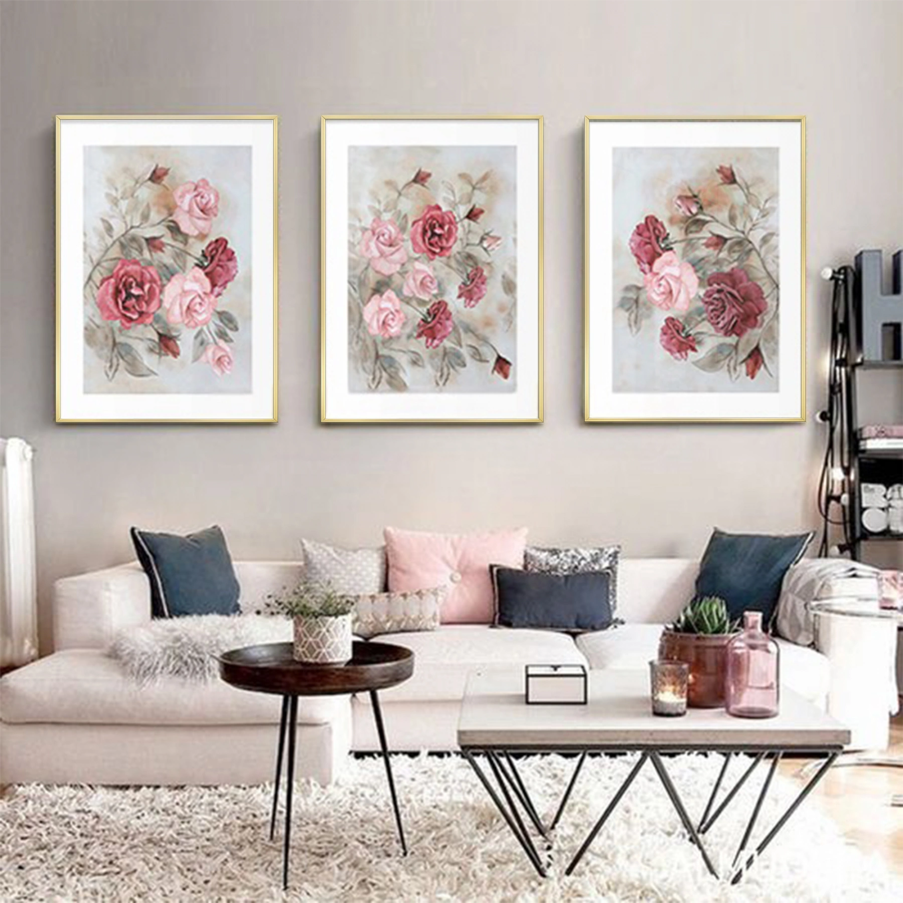 Çiçek Desenli Metal Çerçeveli Tablo Seti Altın