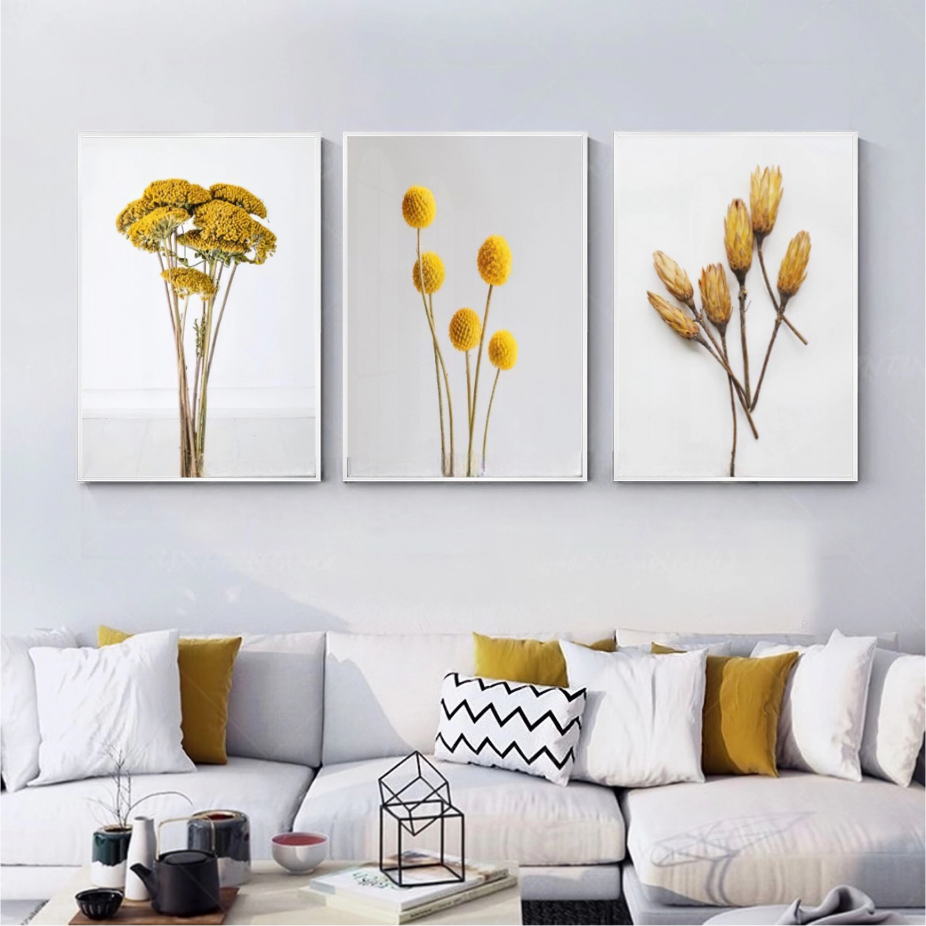 Sarı Çiçek Desenli Metal Çerçeveli Tablo Seti Beyaz
