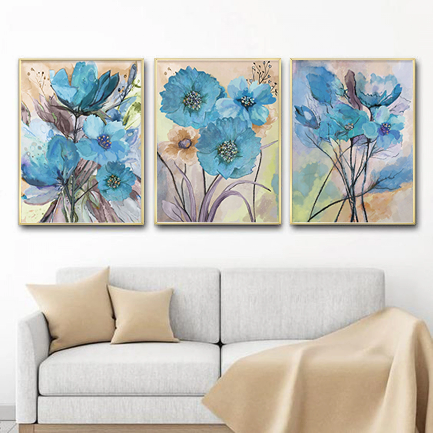 Mavi Çiçekler Desenli Metal Çerçeveli Tablo Seti Altın