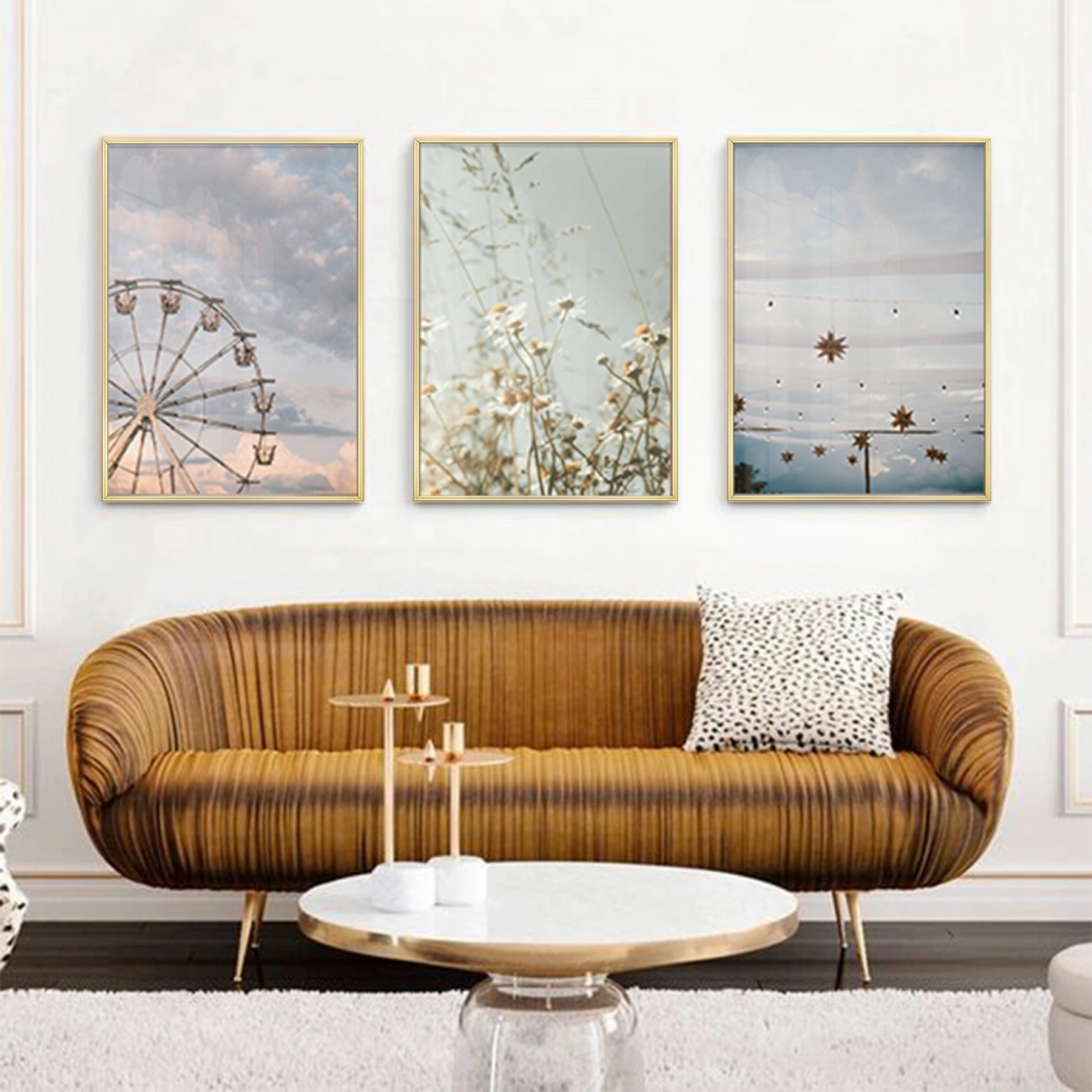 Manzara Detaylı Metal Çerçeveli Tablo Seti Altın