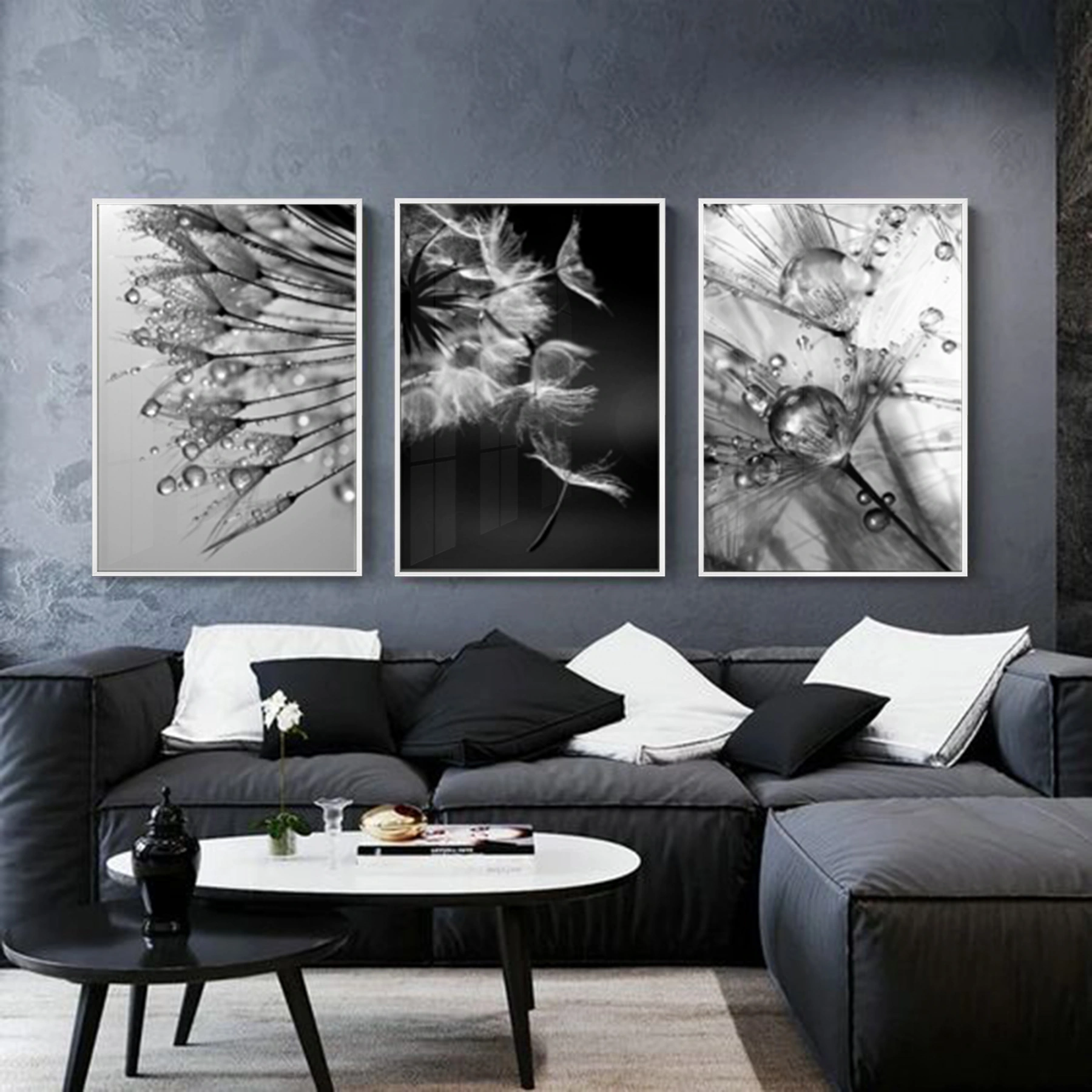 Siyah Beyaz Desenli Metal Çerçeveli Tablo Seti Beyaz