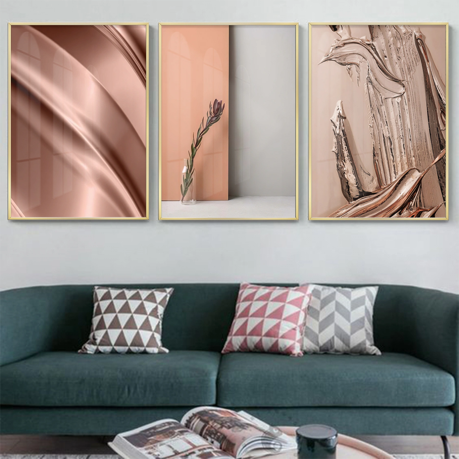 Soyut Tasarım Metal Çerçeveli Tablo Seti Altın