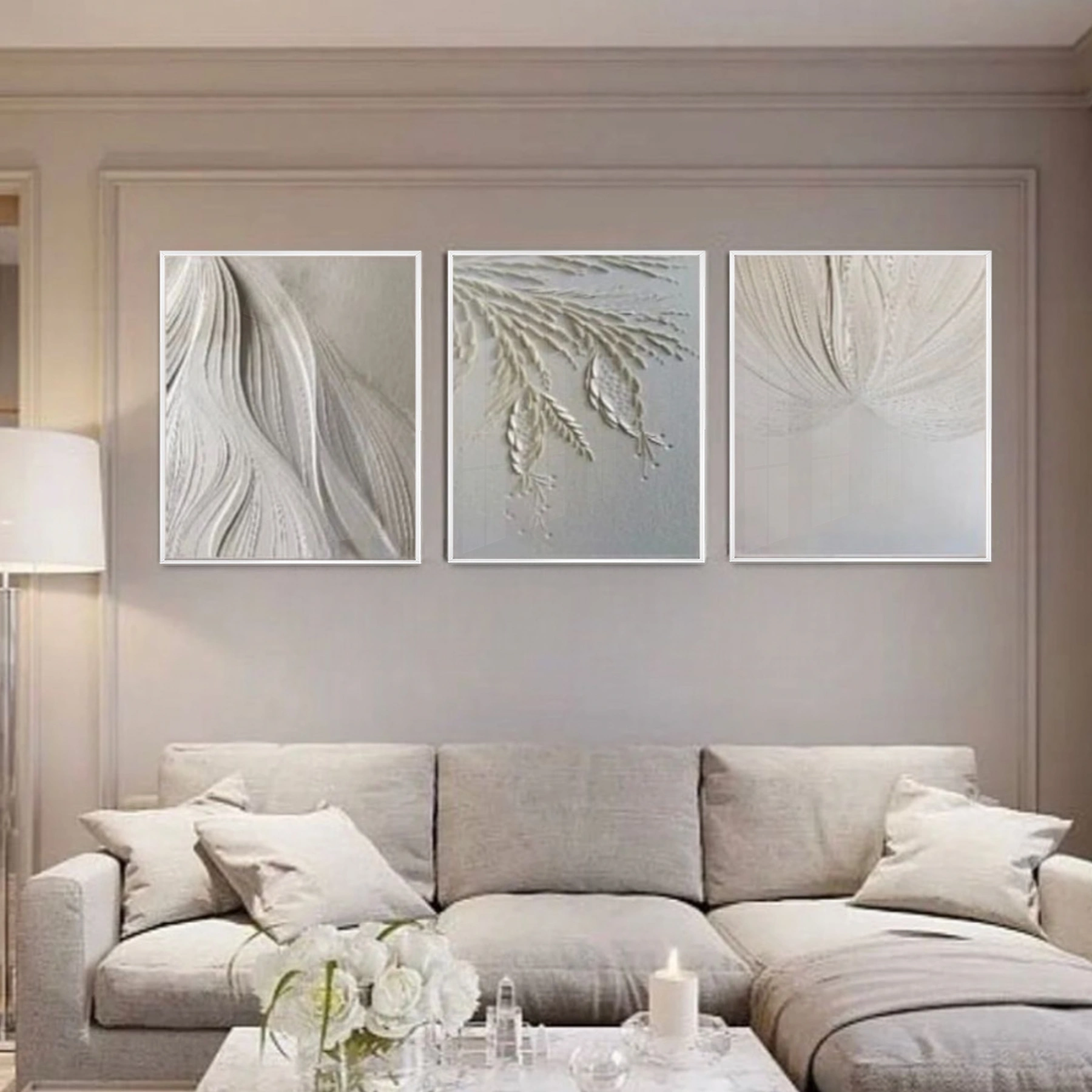 Beyaz Çiçek Desenli Metal Çerçeveli Tablo Seti Beyaz