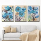 Mavi Çiçekler Desenli Metal Çerçeveli Tablo Seti Altın