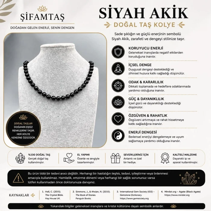 Siyah Akik Doğal Taş Kolye