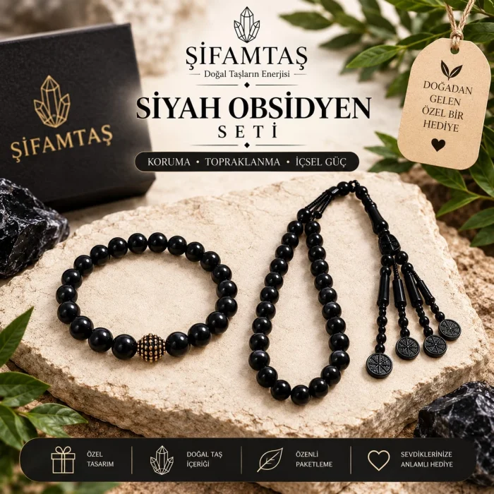 Siyah Obsidyen Doğal Taş Seti (Bileklik ve Tesbih)