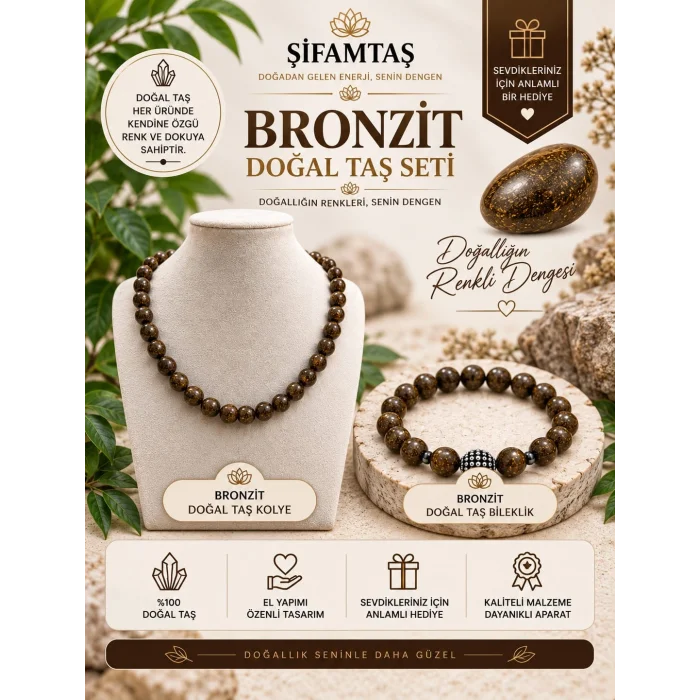 Bronzit Doğal Taş Seti (Bileklik ve Kolye)