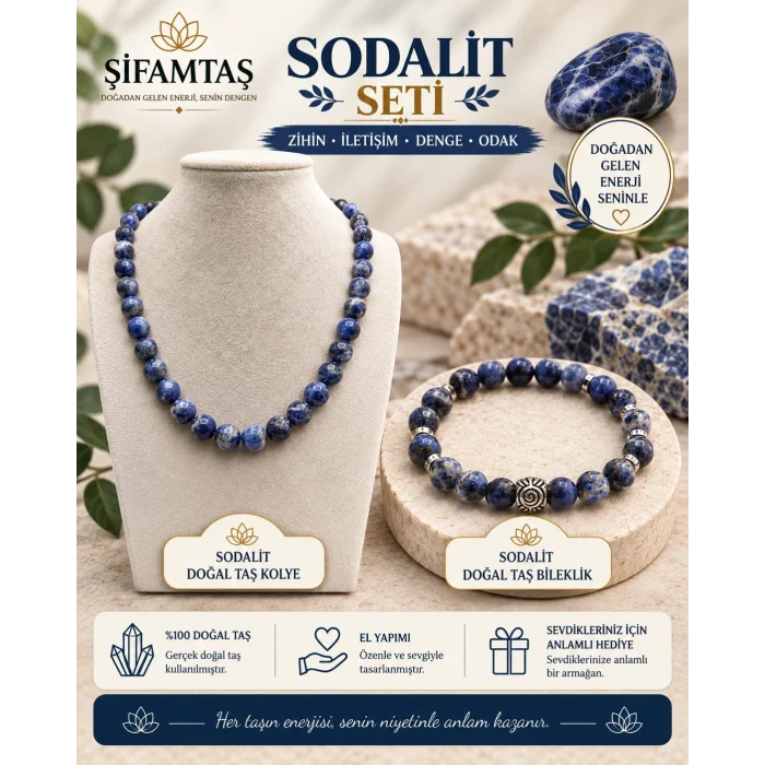 Sodalit Doğal Taş Seti (Bileklik ve Kolye)