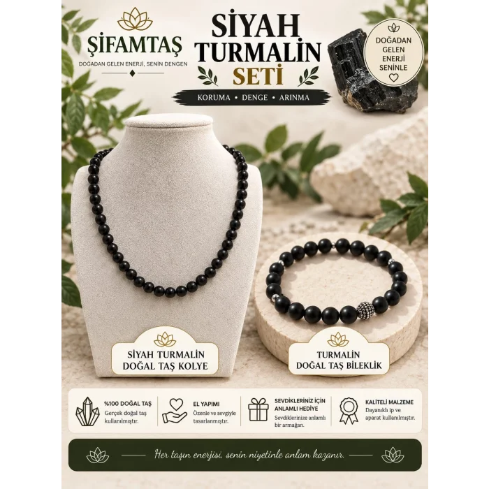 Siyah Turmalin Doğal Taş Seti (Bileklik ve Kolye)