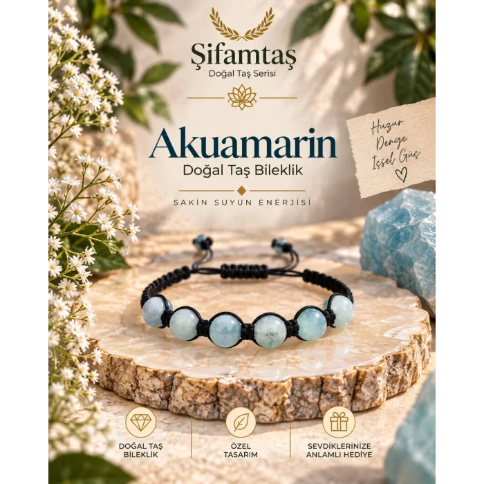 Akuamarin Doğal Taş İpli Bileklik
