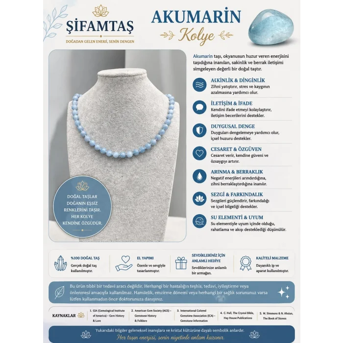 Akuamarin Doğal Taş Kolye