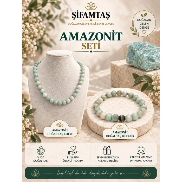 Amazonit Doğal Taş Seti  (Bileklik ve Kolye)