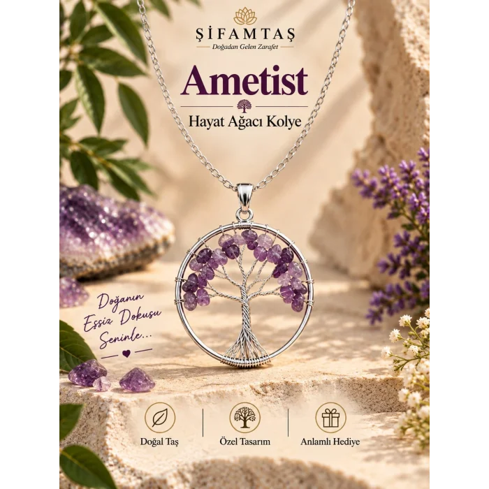 Ametist Doğal Taş Hayat Ağacı Kolye