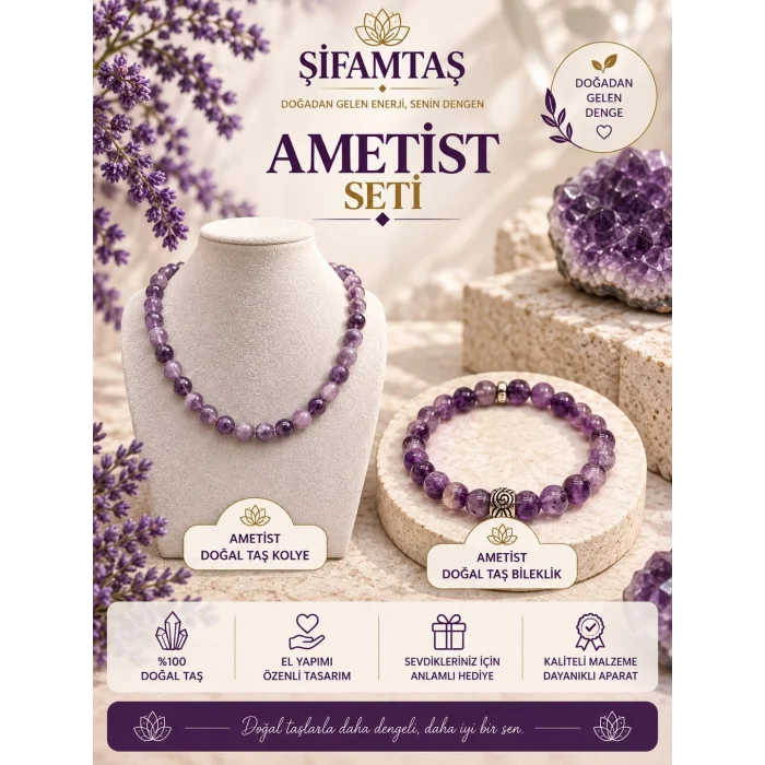 Ametist Doğal Taş Set (Bileklik ve Kolye)