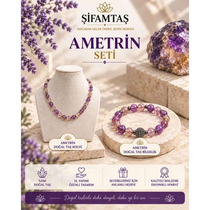 Ametrin Doğal Taş Seti (Bileklik ve Kolye)