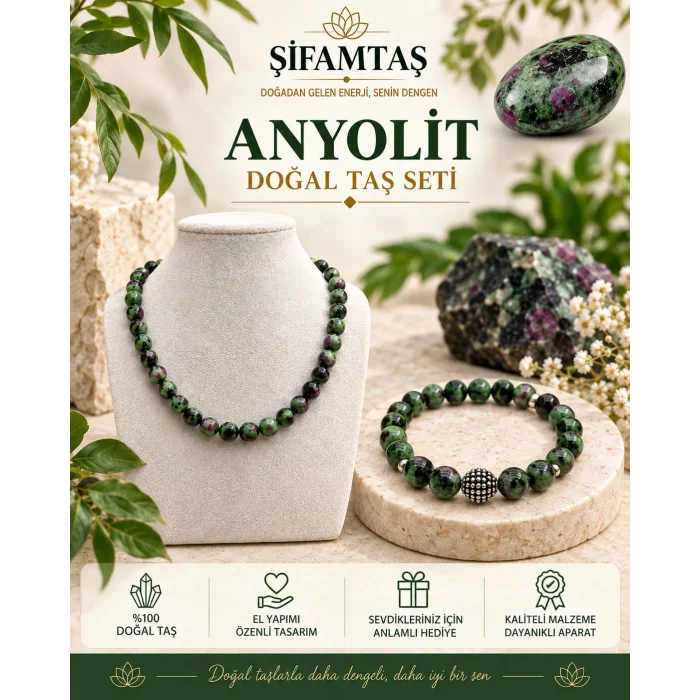 Anyolit Doğal Taş Seti (Bileklik ve Kolye)