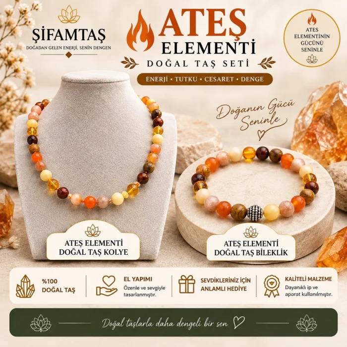 Ateş Elementi Doğal Taş Seti (Kolye ve Bileklik)