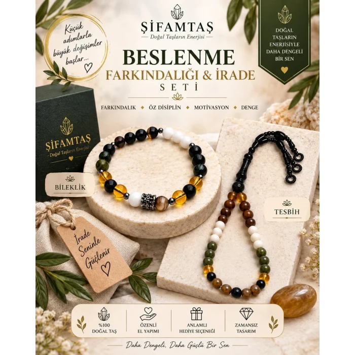 Beslenme Denge Doğal Taş Seti (Bileklik ve Tesbih)