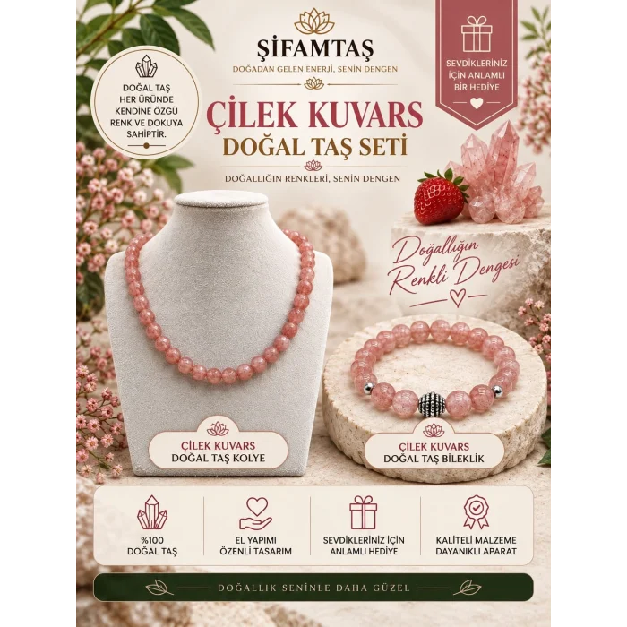 Çilek Kuvars Doğal Taş Seti (Bileklik ve Kolye)