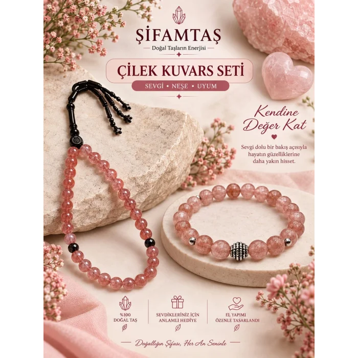 Çilek Kuvars Doğal Taş Seti (Bileklik ve Tesbih)