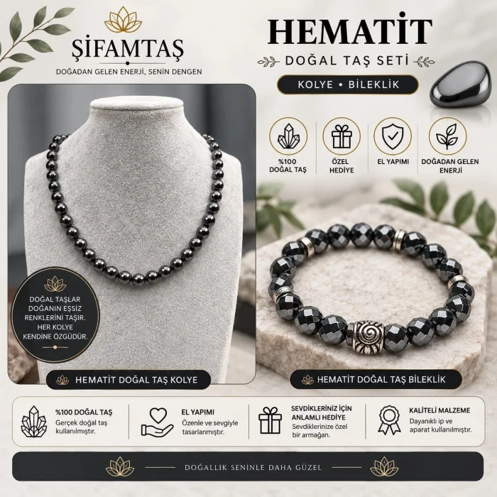 Hematit Doğal Taş Seti (Bileklik ve Kolye)