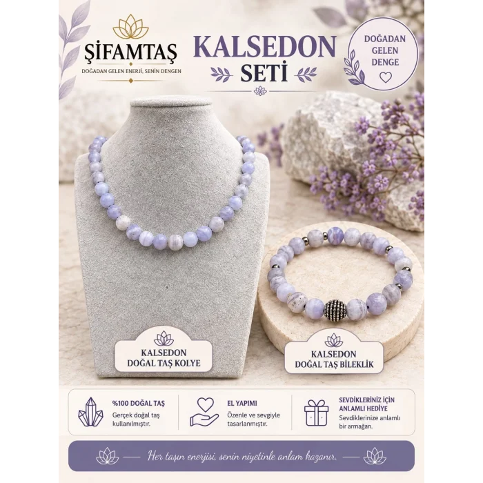 Kalsedon Doğal Taş Seti (Bileklik ve Kolye)