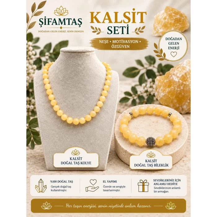 Kalsit Doğal Taş Seti (Bileklik ve Kolye)