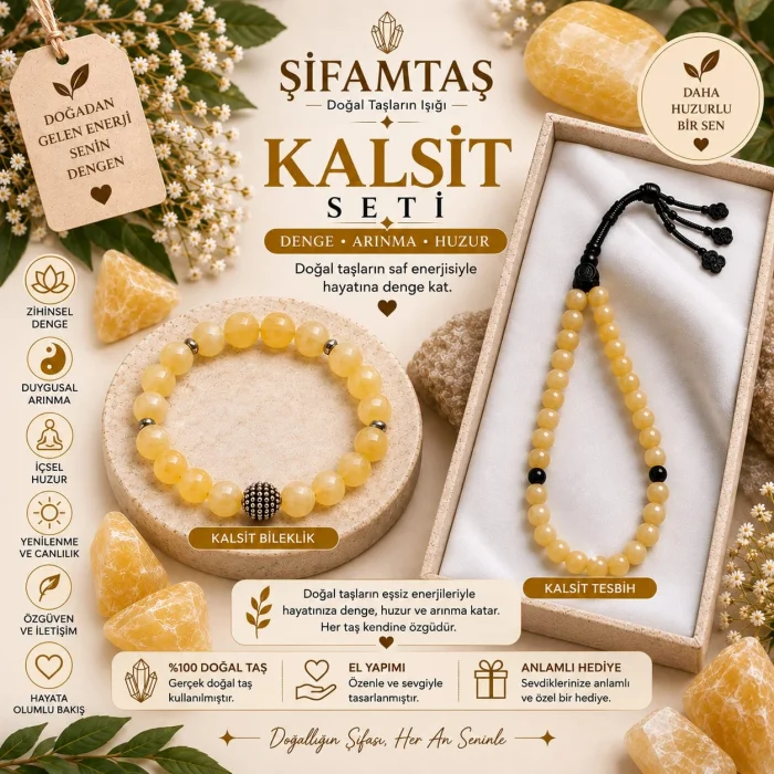 Kalsit Doğal Taş Seti (Bileklik ve Tesbih)