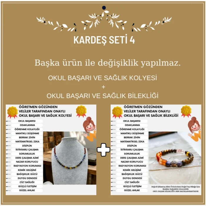 Kardeş Seti -4 (Okul Başarı & Odak Kolyesi ve Okul Başarı & Odak Bilekliği)